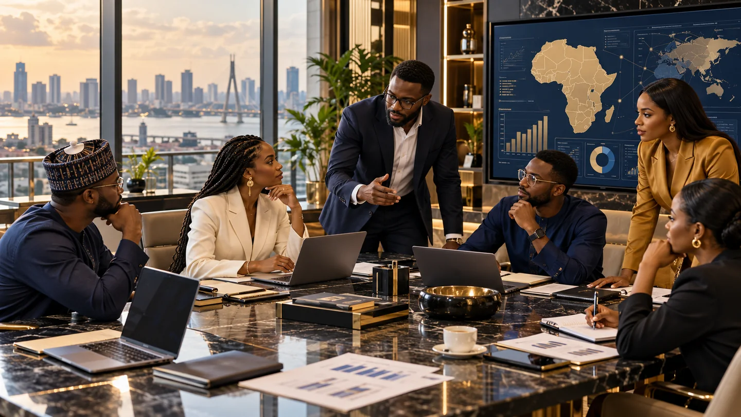 Illustrative strategy discussion among African founders in a contemporary office